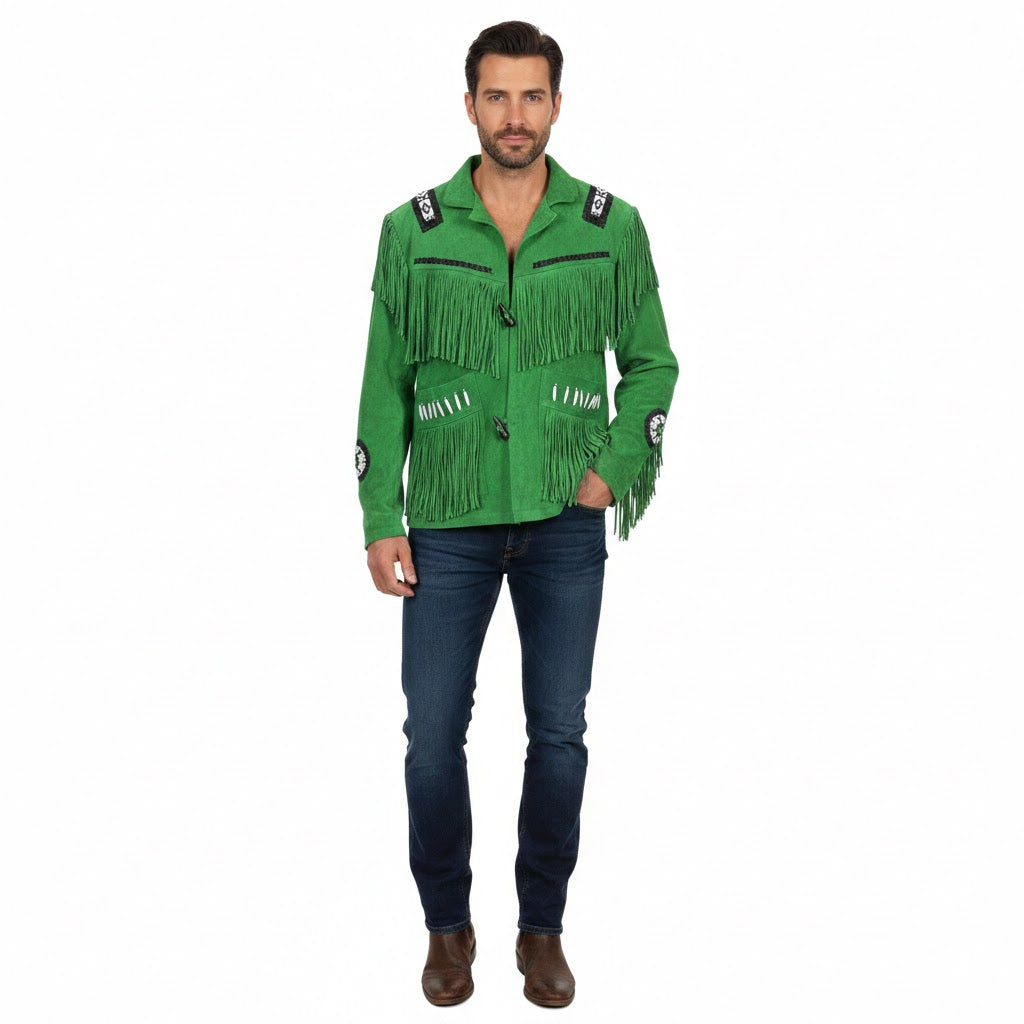 Man wearing a green fringed jacket on a white background