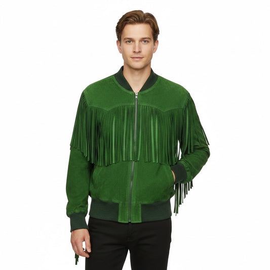 Man wearing a green fringed jacket on a white background