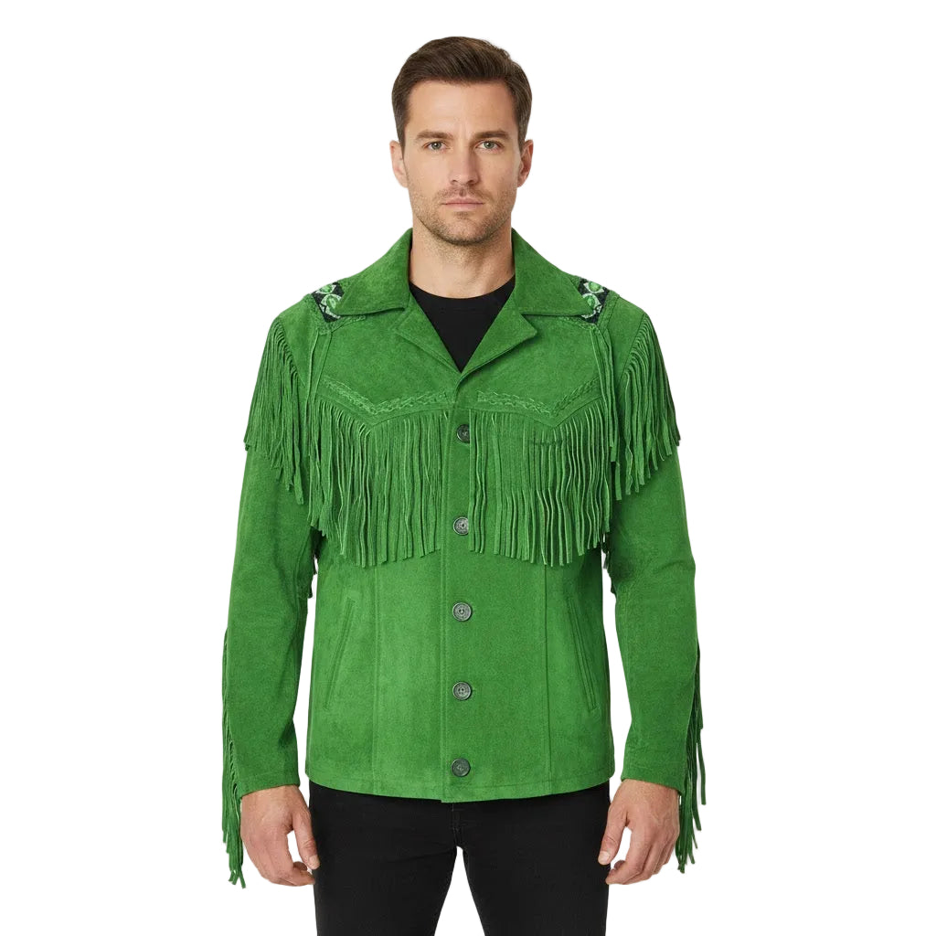 Man wearing a green fringed jacket on a white background