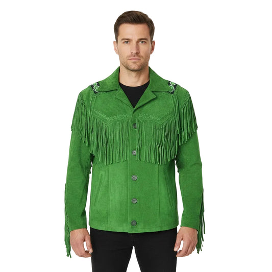 Man wearing a green fringed jacket on a white background