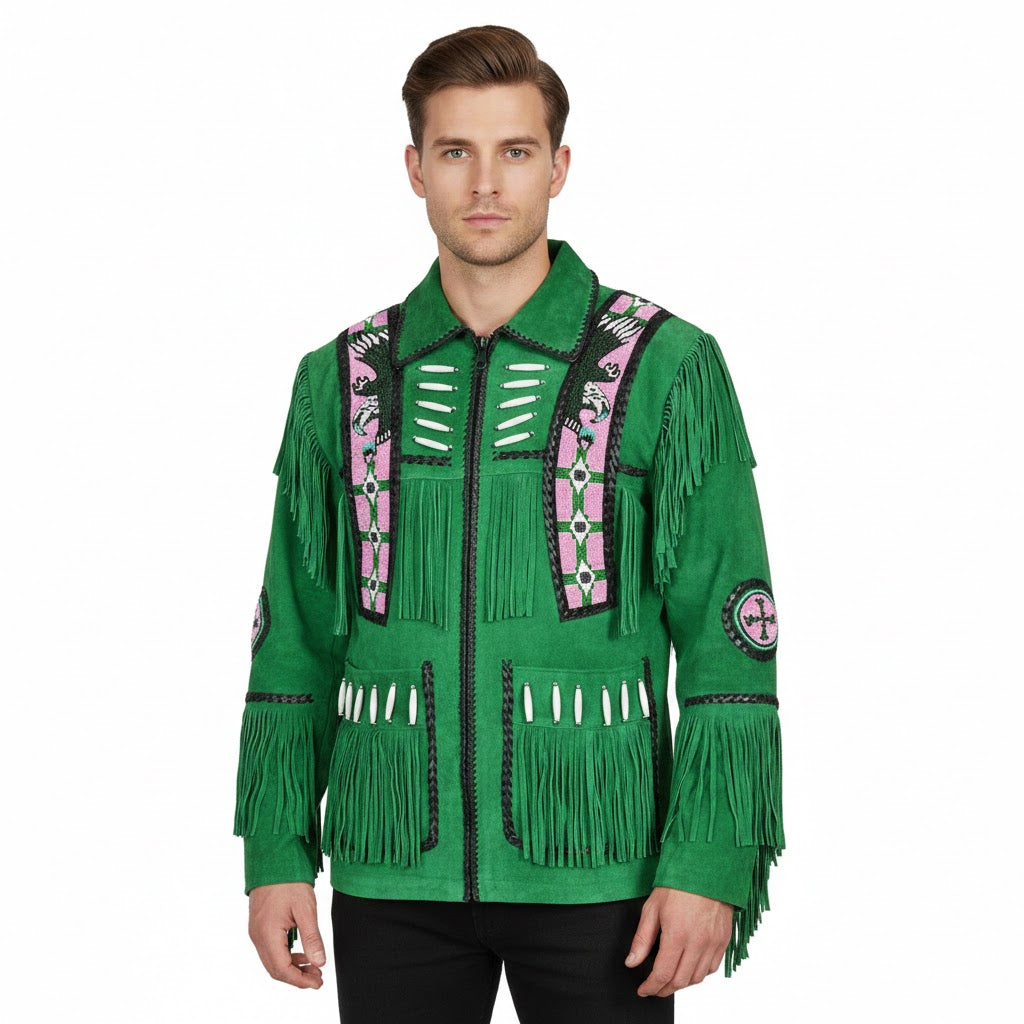 Man wearing a green fringed jacket with decorative patterns on a white background