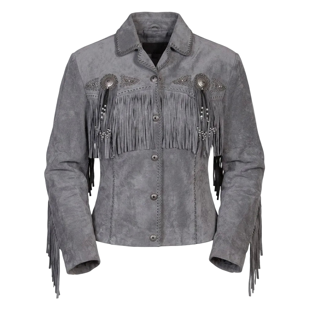 Gray suede jacket with fringes and decorative elements on a white background