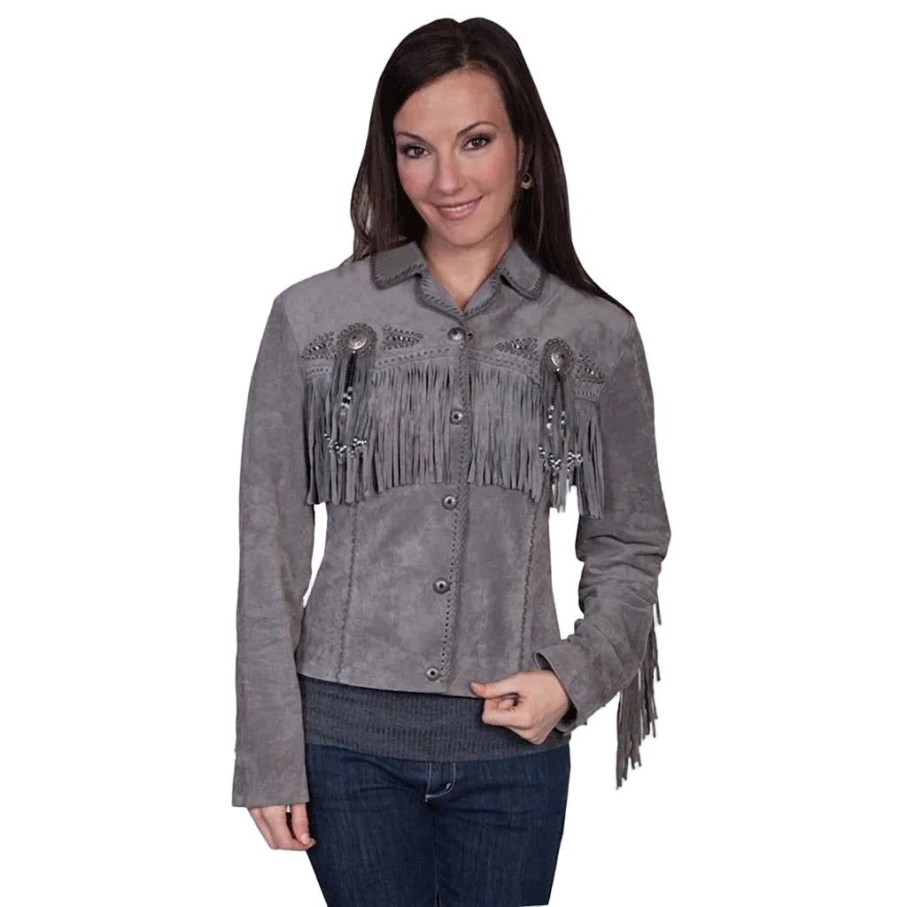 Woman wearing a gray fringed jacket on a white background