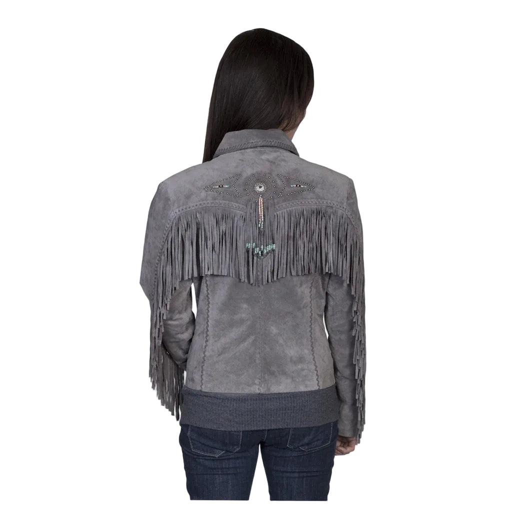 Gray suede jacket with fringe details on a white background