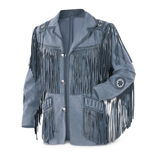 Western Gray Suede Leather Fringes Beaded Jacket Cowboy Jacket LWJ8010