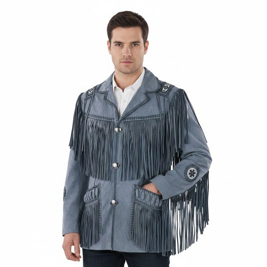 Man wearing a Leather jacket with fringes on a white background