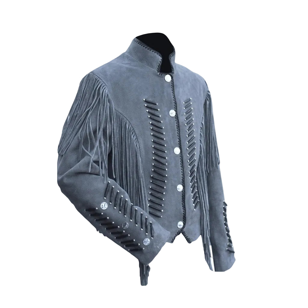 Gray suede jacket with fringes and button details on a white background