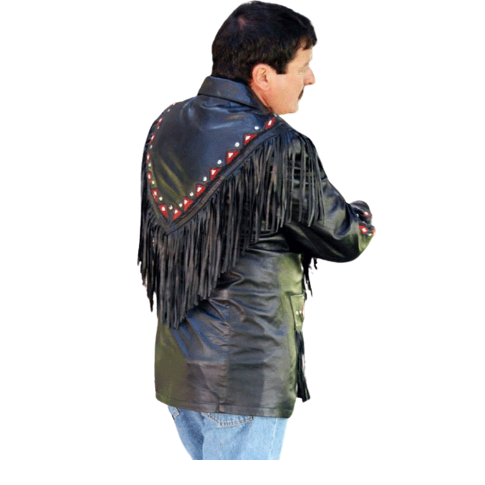 Western Black Fringe Beaded Leather Jacket Cowboy Jacket LWJ3580