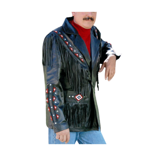 Western Black Fringe Beaded Leather Jacket Cowboy Jacket LWJ3580