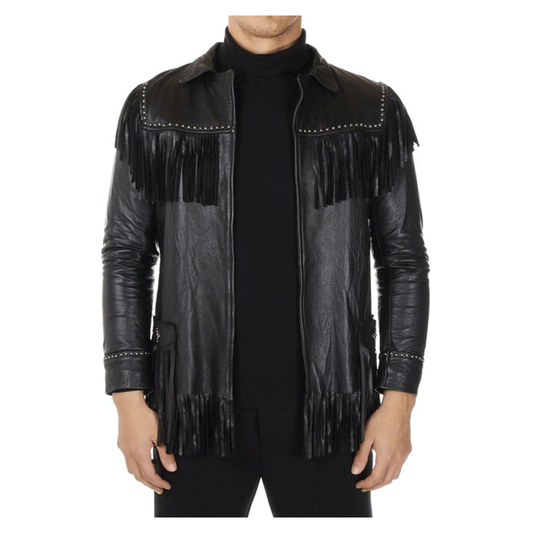 Western Black Leather Fringe Jacket Cowboy Jacket LWJ3930
