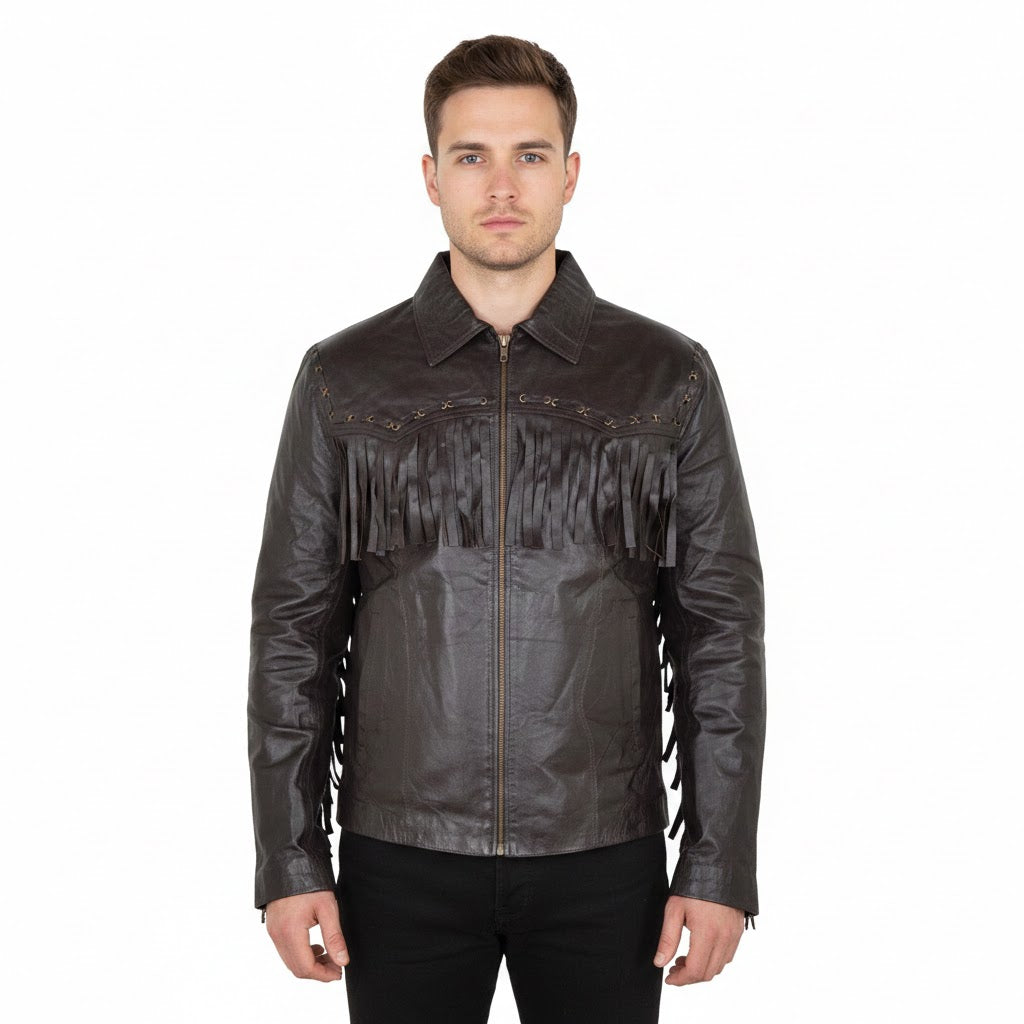 Western Black Fringe Biker Leather Jacket Cowboy Jacket LWJ3910