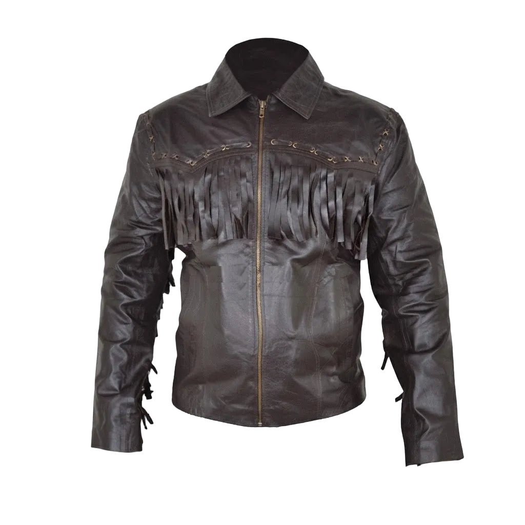 Black leather jacket with fringes on a white background