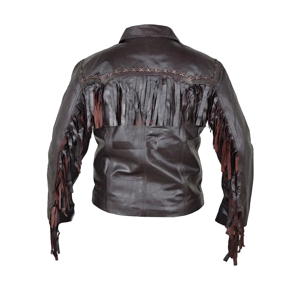 A black leather fringe jacket shown from the back, featuring long hanging fringe across the upper back and sleeves with decorative stitching.