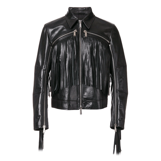 Western Black Long Leather Fringe Jacket LWJ390