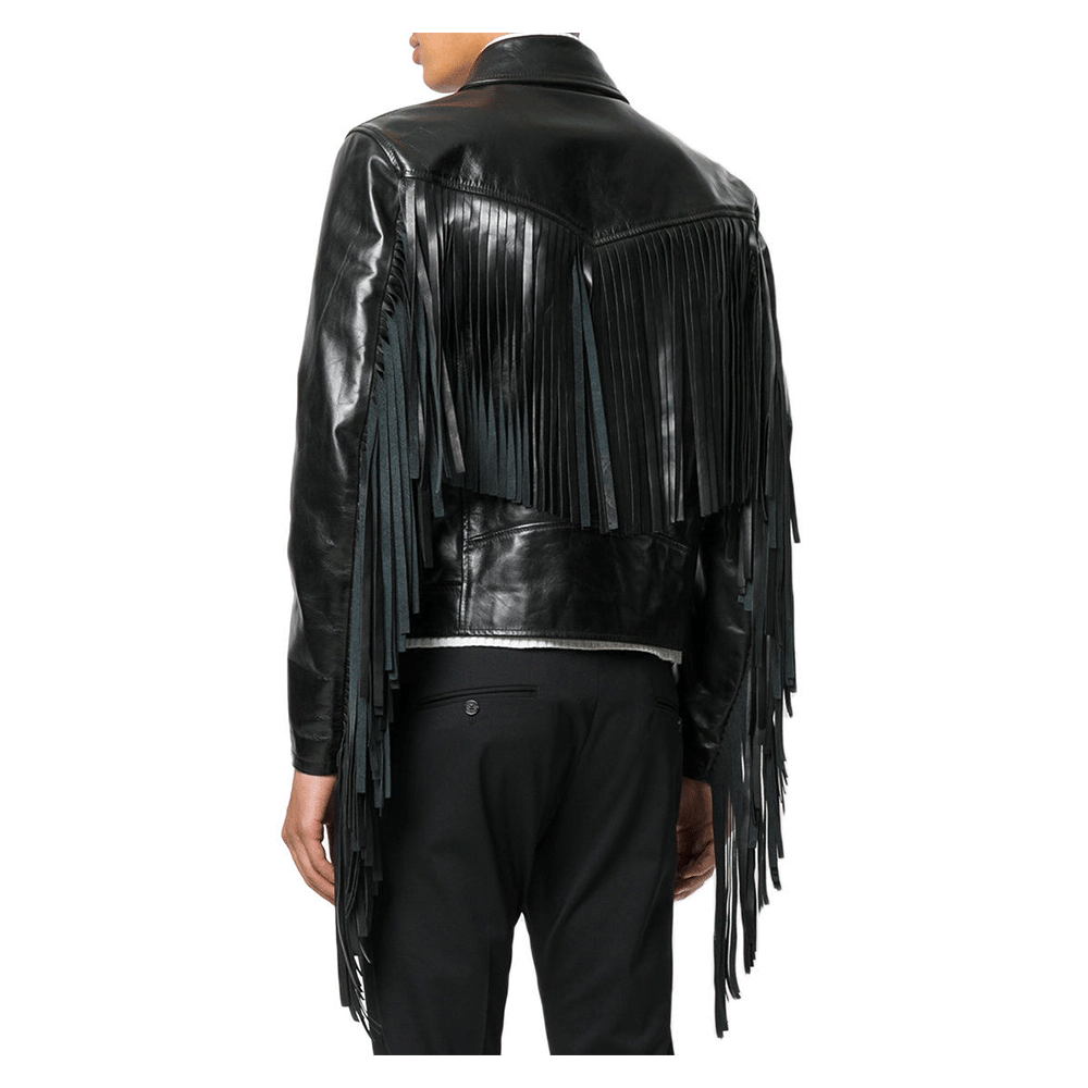 Western Black Long Fringe Leather Jacket Cowboy Jacket LWJ390