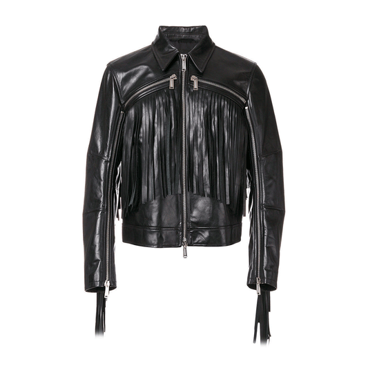 Western Black Long Fringe Leather Jacket Cowboy Jacket LWJ390
