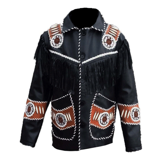 Western Black Leather Fringe Bone Beaded Jacket LWJ357