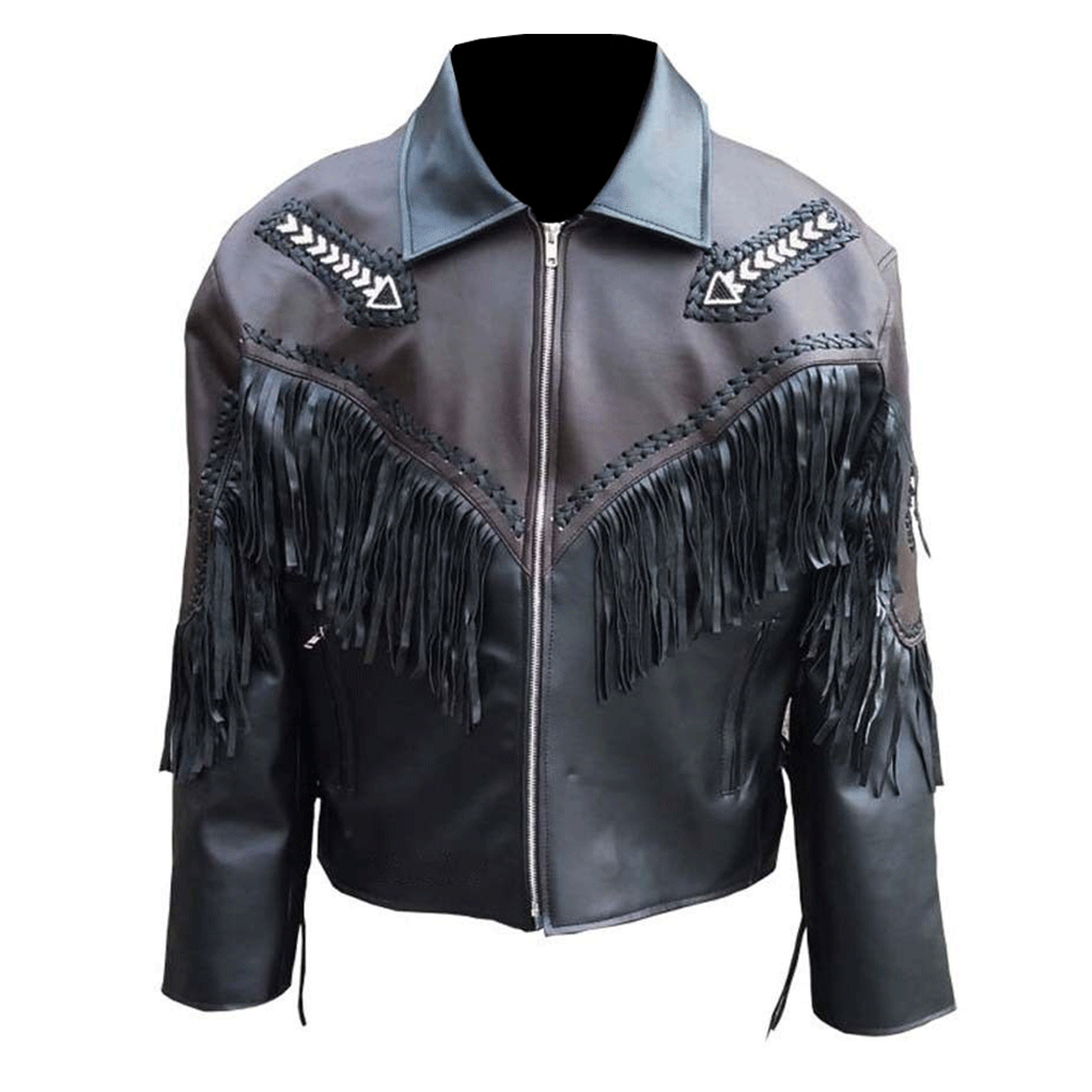 Western Black Leather  Fringe Arrow Beaded Jacket LWJ359