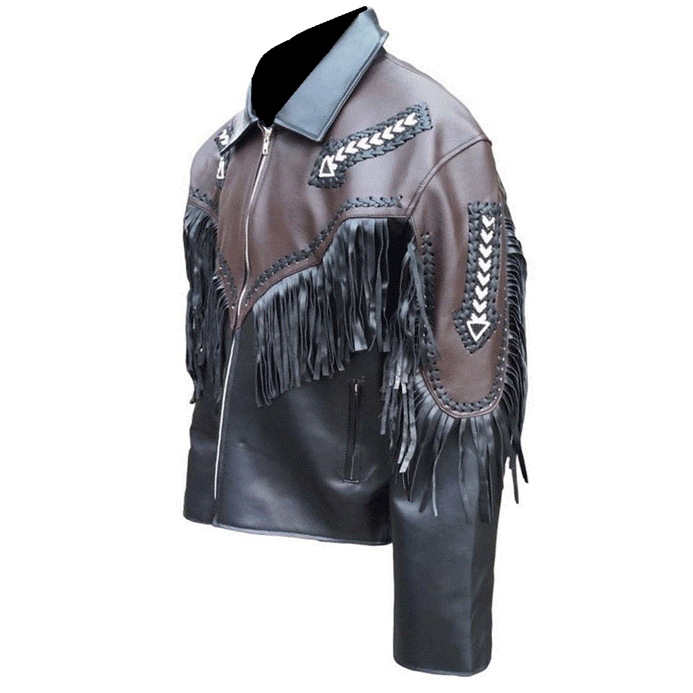 Western Black Leather  Fringe Arrow Beaded Jacket LWJ359