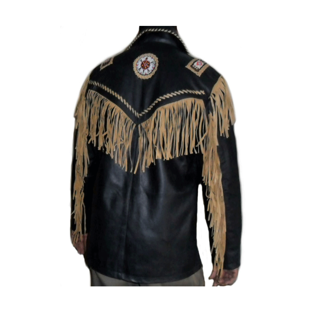 Western Black Fringe Bone Beaded Leather Jacket Cowboy Jacket LWJ3600