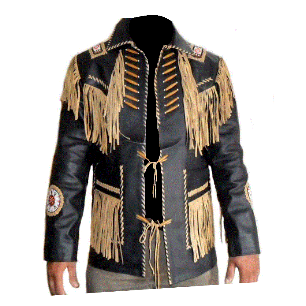 Western Black Fringe Bone Beaded Leather Jacket Cowboy Jacket LWJ3600