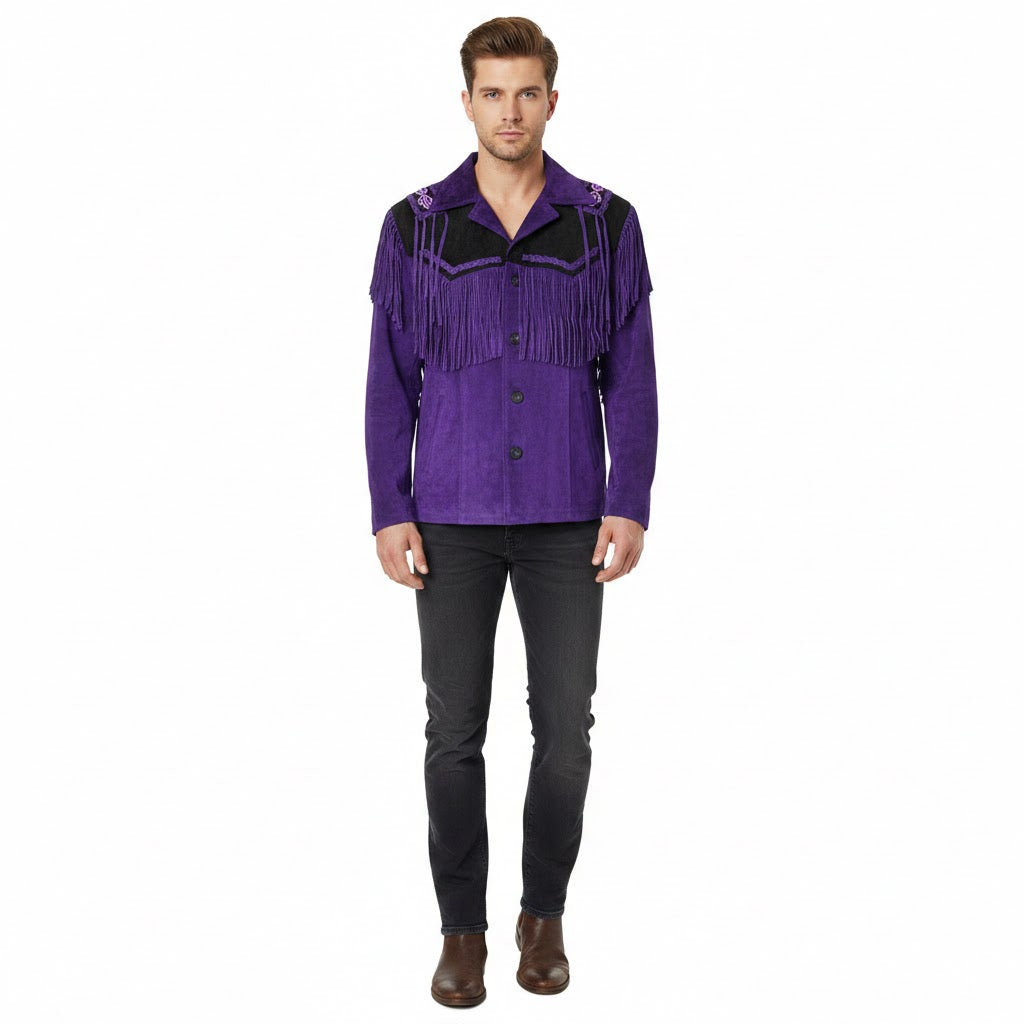 Man wearing a purple fringed jacket on a white background