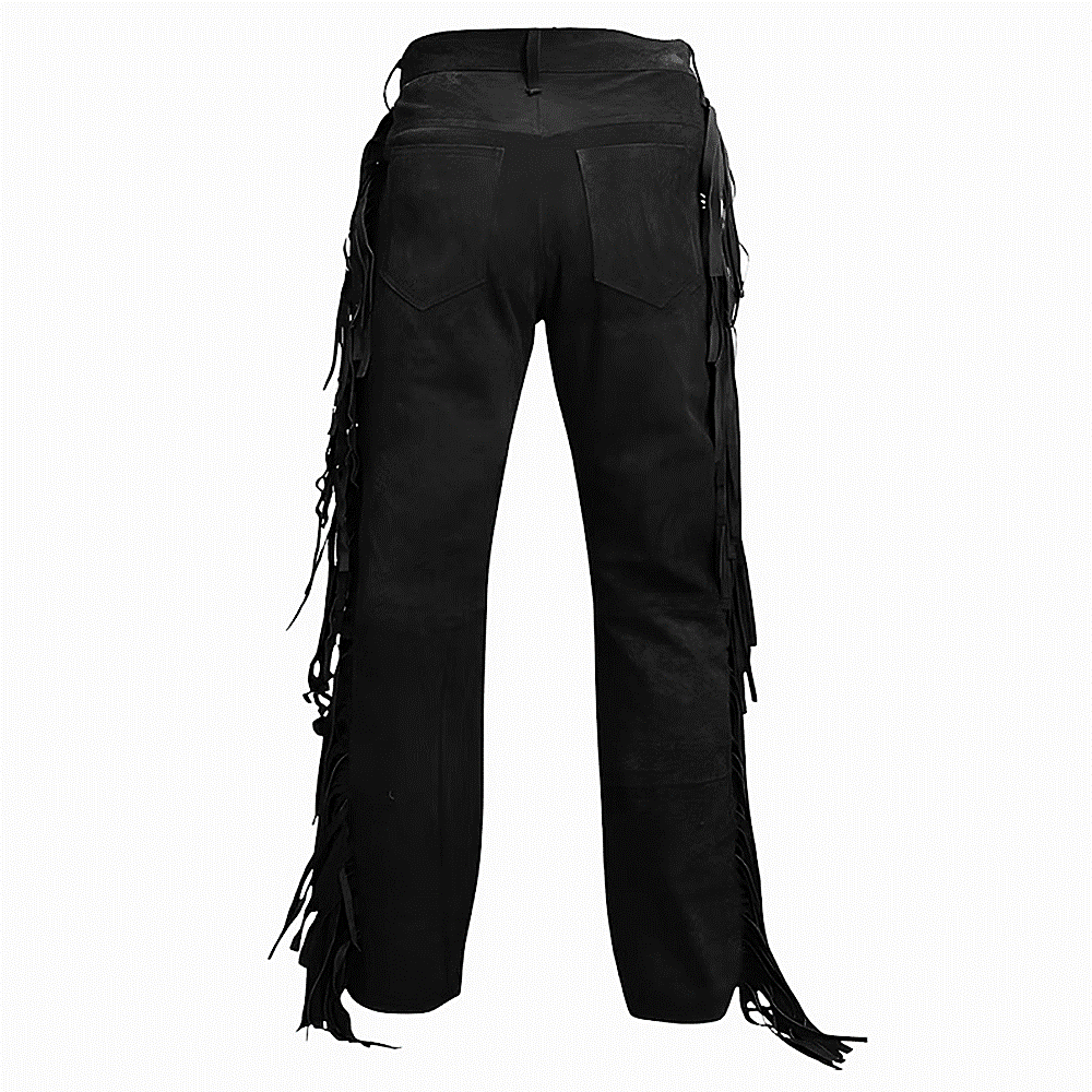mens suede leather fringe pant back in black 