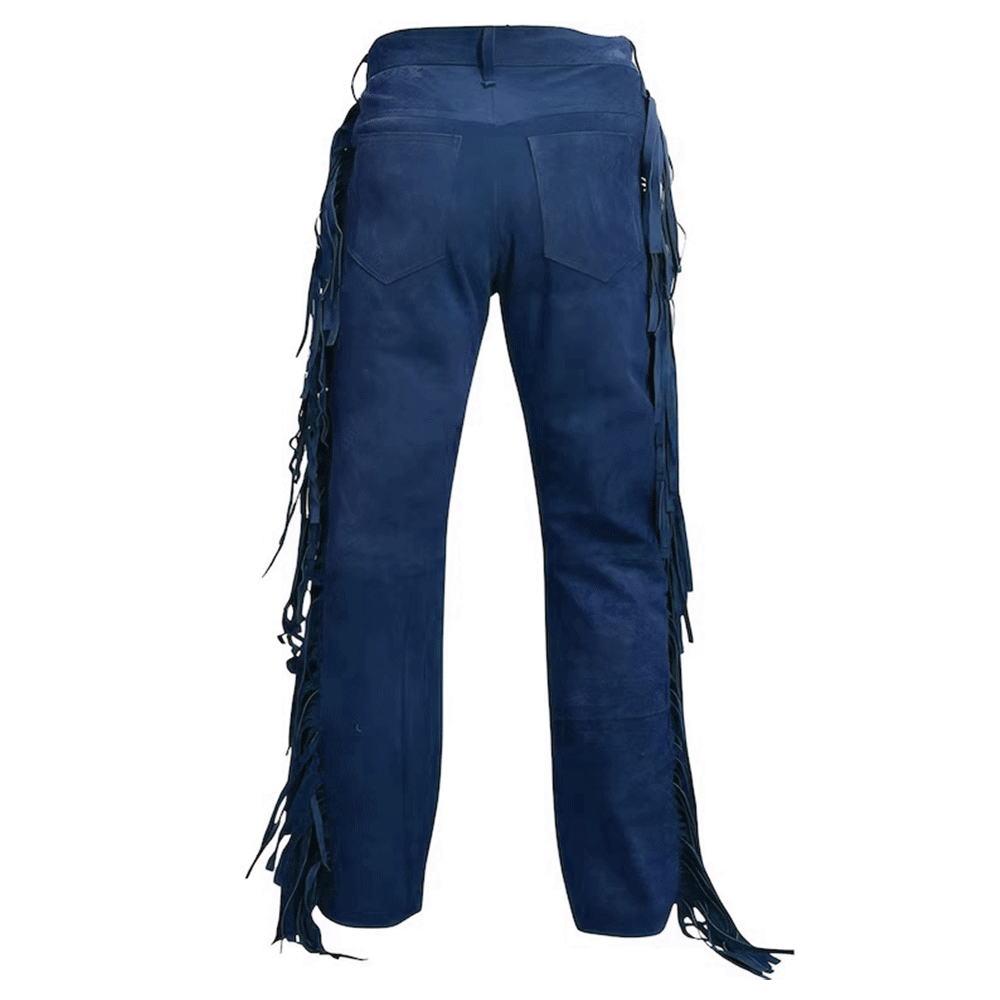 mens suede leather fringe pant back in  blue