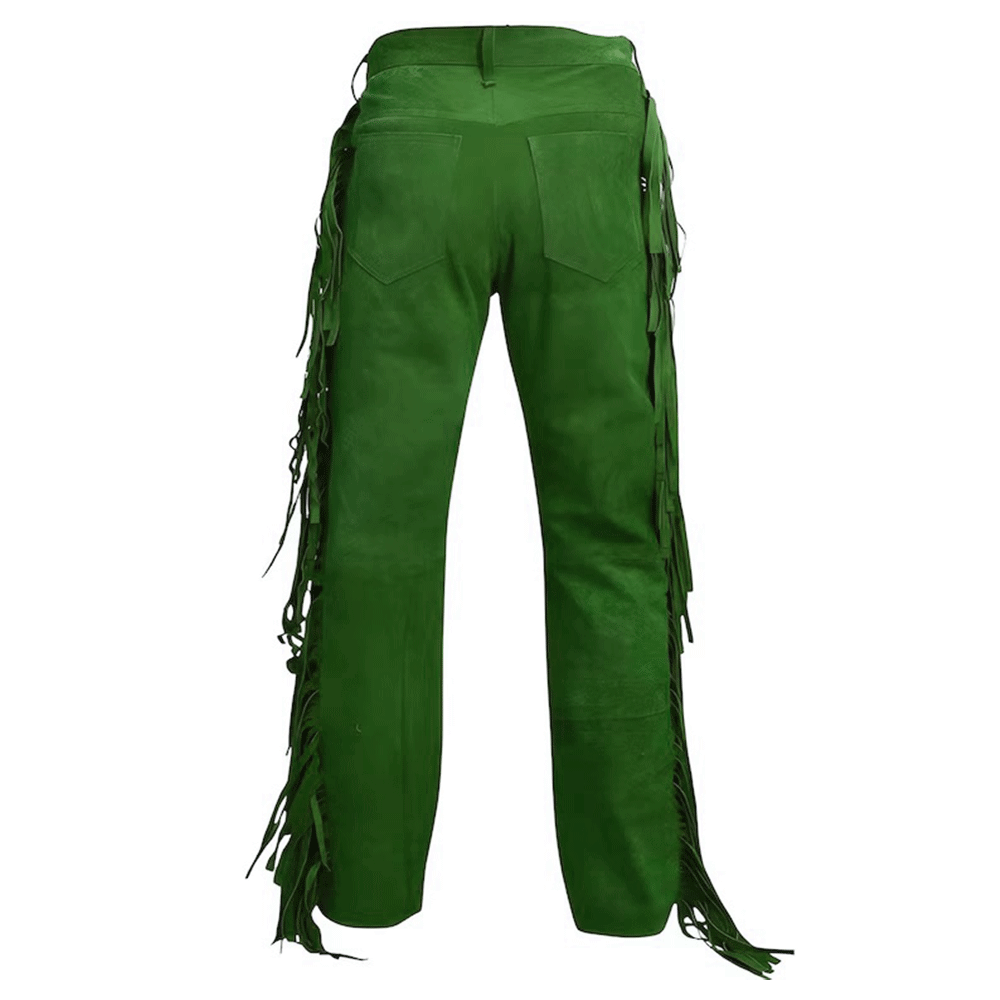 mens suede leather fringe pant back in green