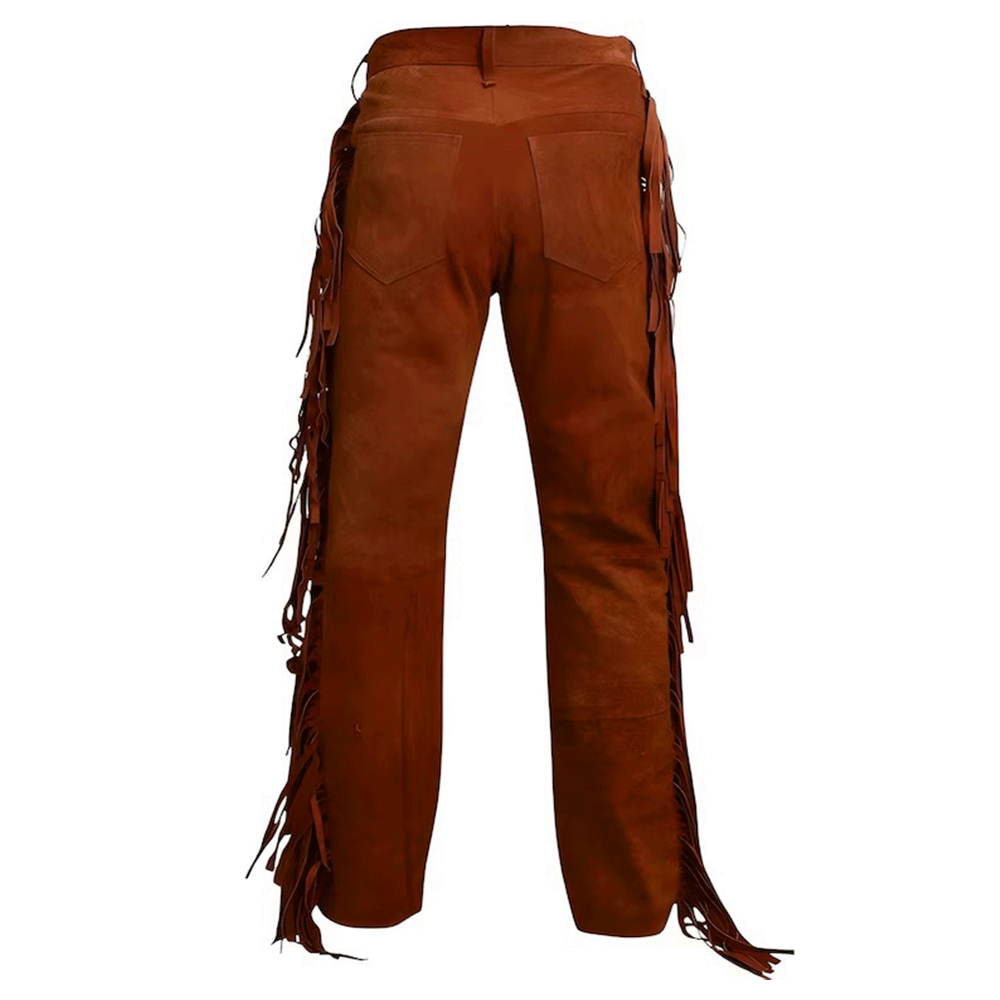 mens suede leather fringe pant back in  brown