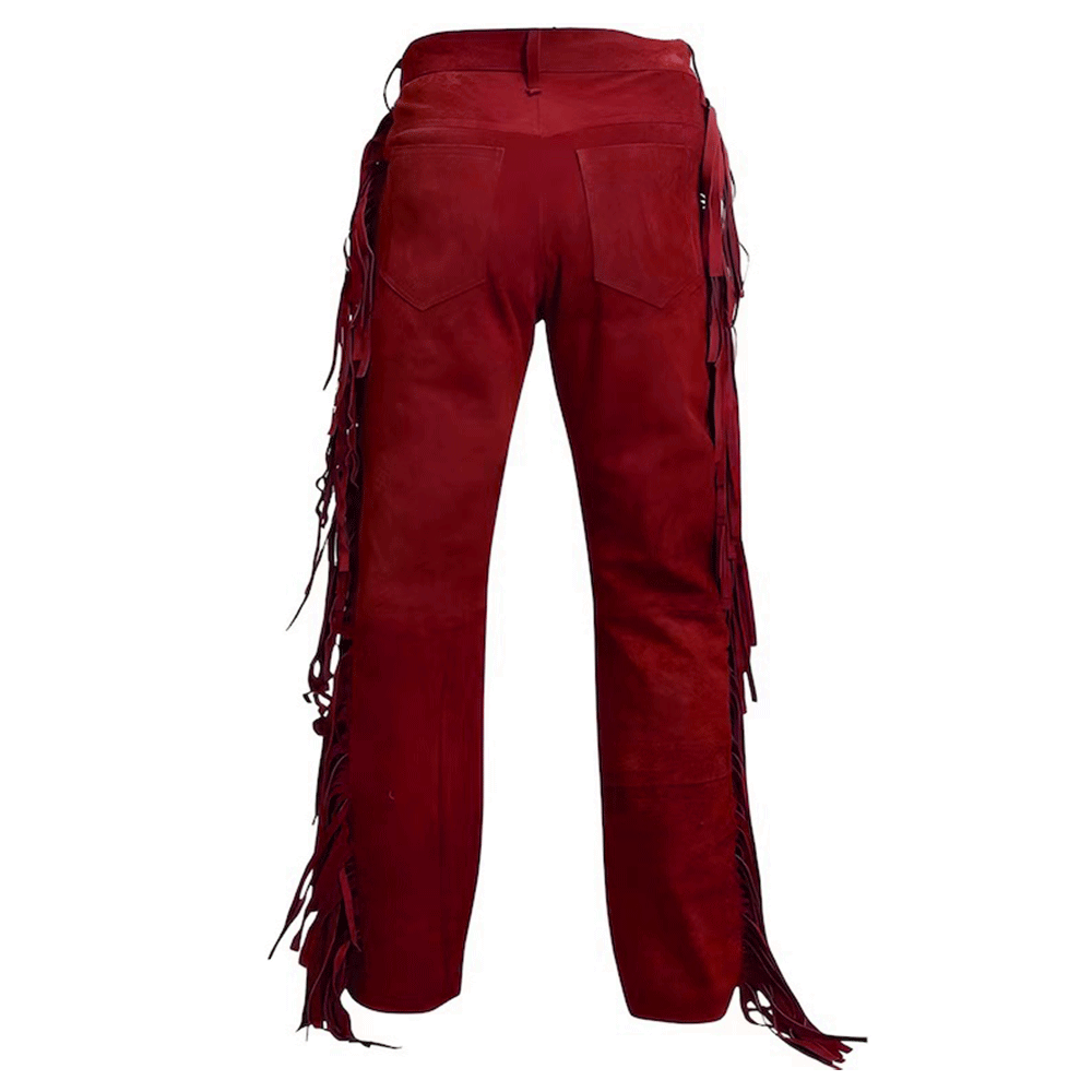 mens suede leather fringe pant back in red
