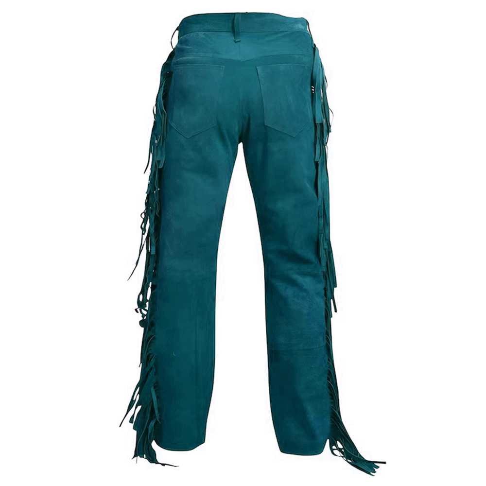 mens suede leather fringe pant back in turquoise