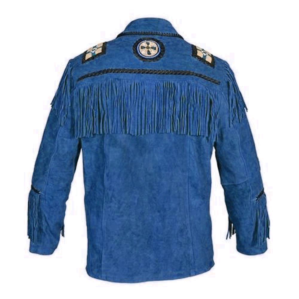 Western Blue Suede Leather Fringe Eagle Beaded Jacket LWJ707