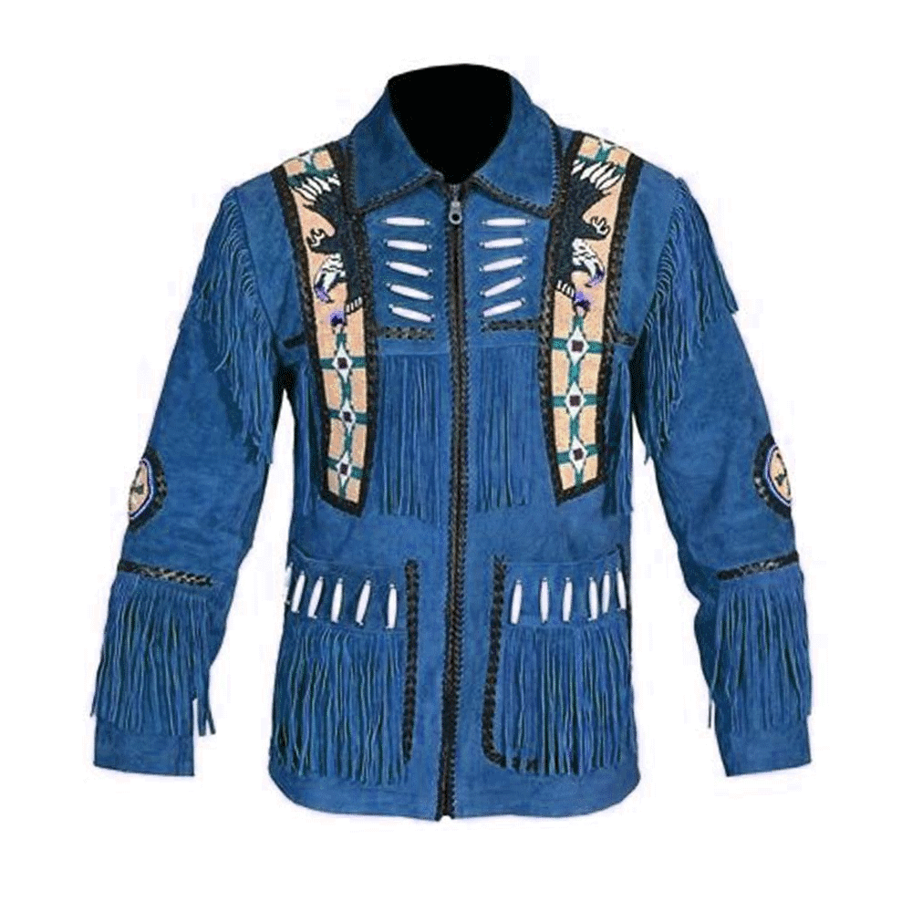 Western Blue Suede Leather Fringe Eagle Beaded Jacket LWJ707