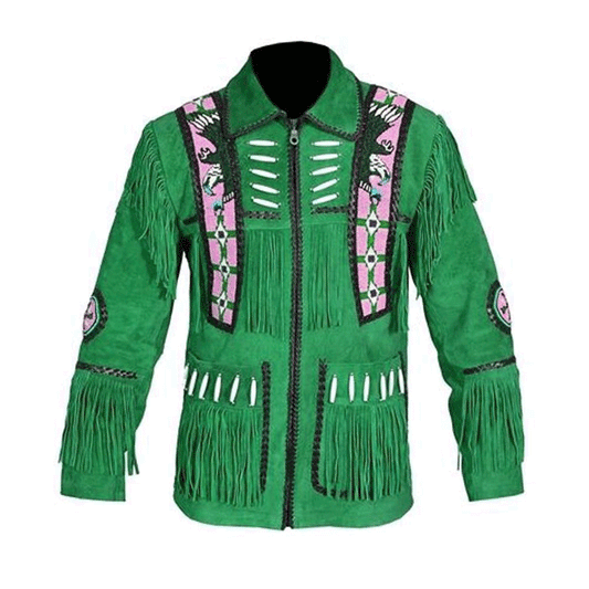 Western Green Suede Leather Fringe Eagle Beaded Jacket Cowboy Jacket LWJ7530