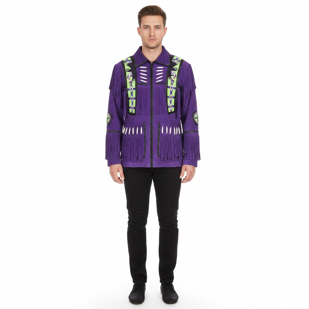 Man wearing a purple jacket with reflective elements on a white background