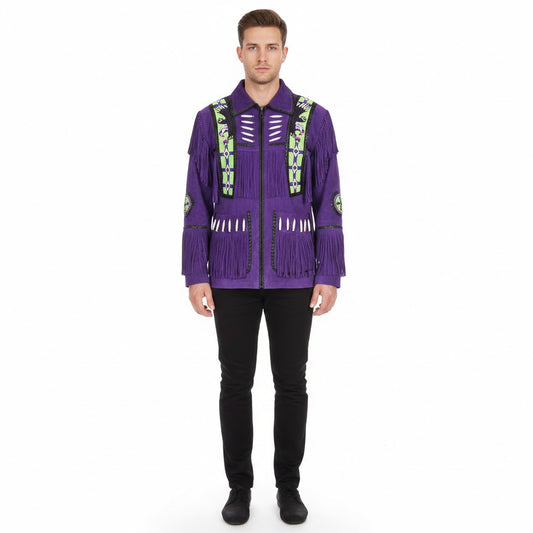 Man wearing a purple jacket with reflective elements on a white background