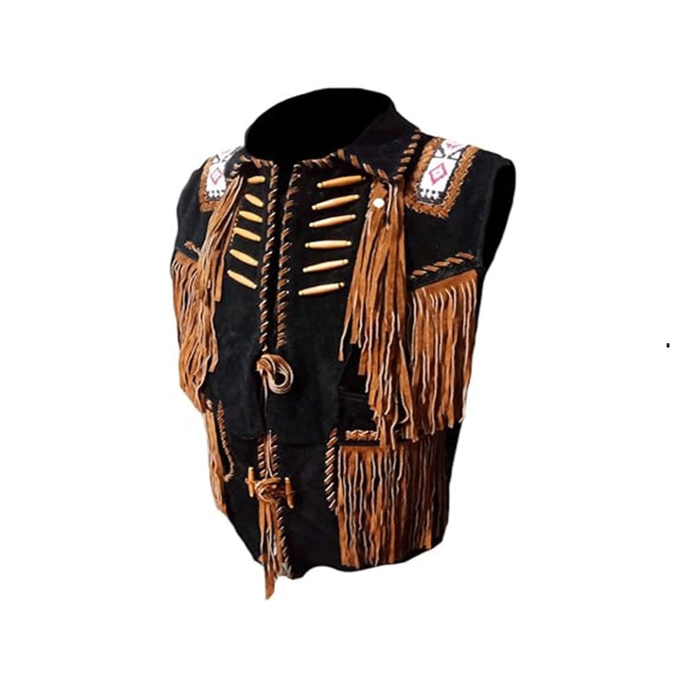 Black leather vest with brown fringes and decorative elements on a white background