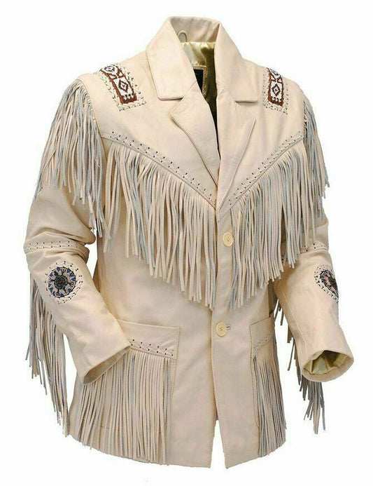 Western Beige Fringe Beaded Leather Jacket Cowboy Jacket WJ501
