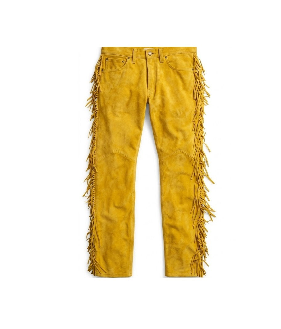 Golden Brown Suede with fringe details on a white background