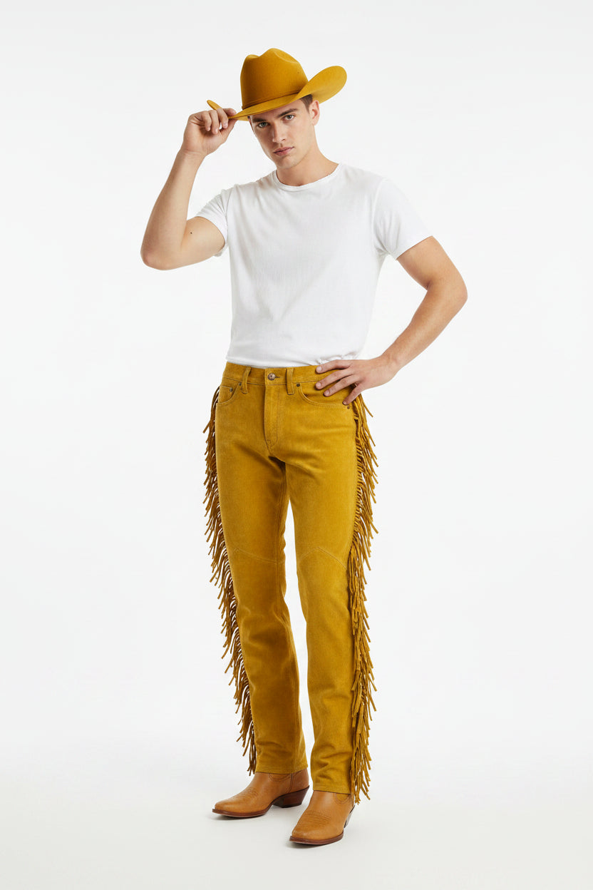 Golden yellow Suede jeans style with fringe details on a white background