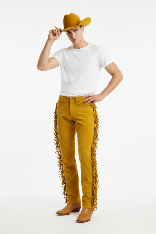 Golden yellow Suede jeans style with fringe details on a white background
