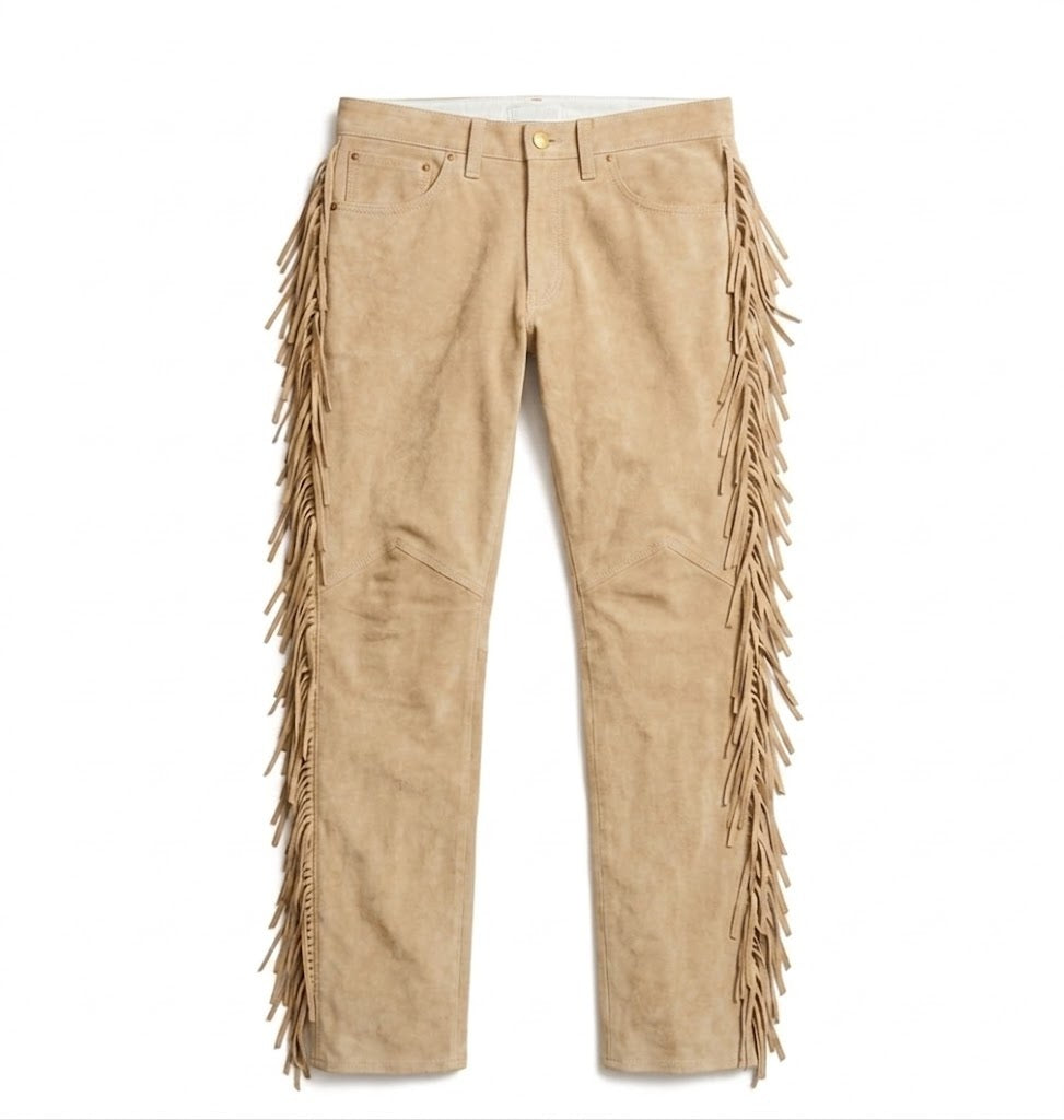 Beige fringed pants on a white background