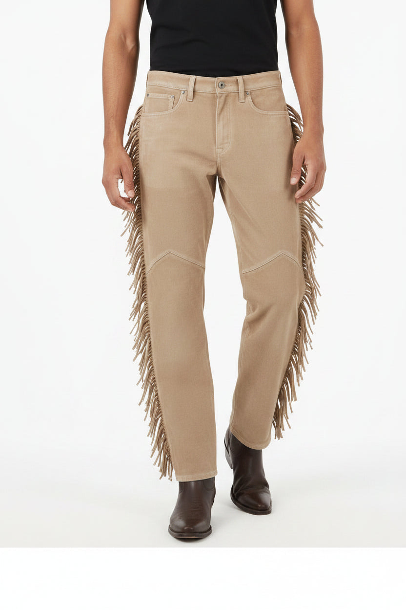 Beige pants with fringe details on a white background