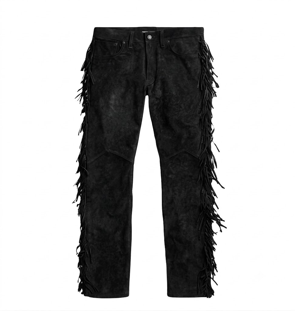 Black fringed jeans style wrangler pants on a white background
