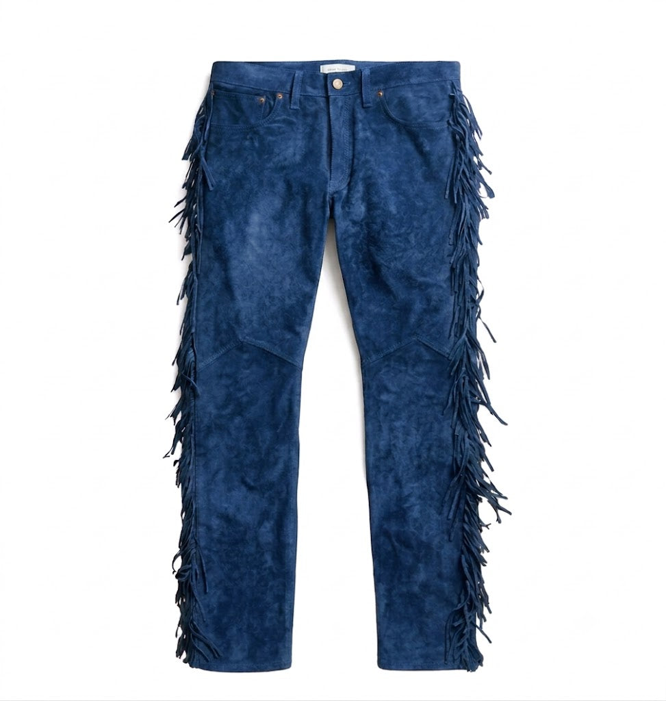 Blue jeans with fringe details on a white background