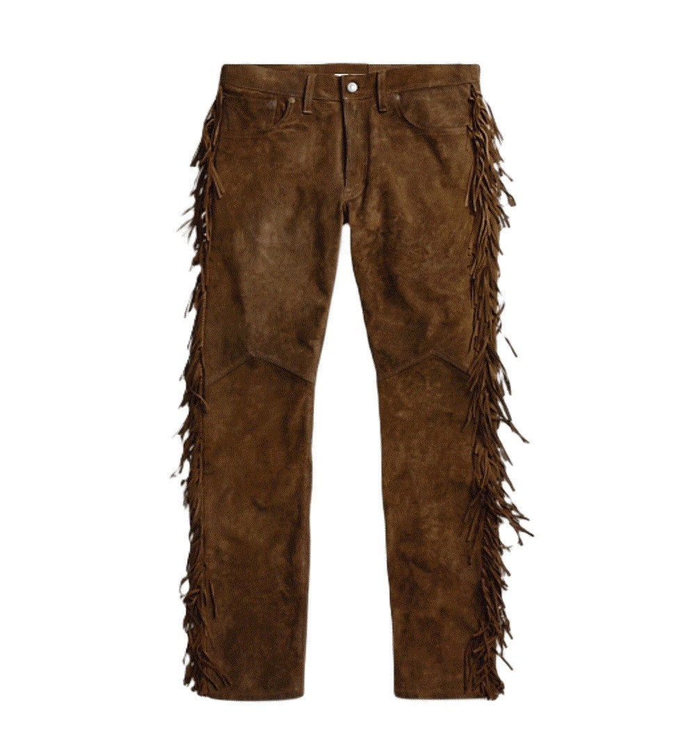 Brown suede pants with fringe details on a white background