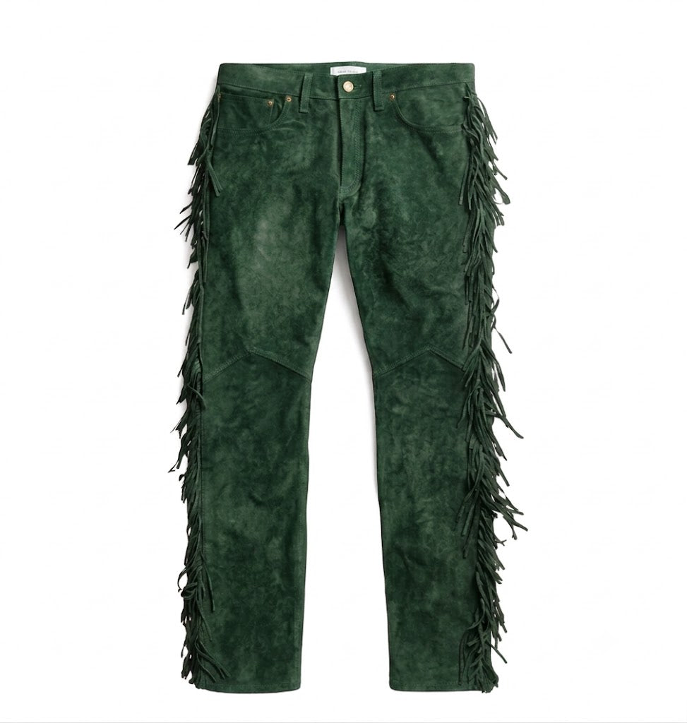 Green suede jeans style wrangler pants with fringe details on a white background