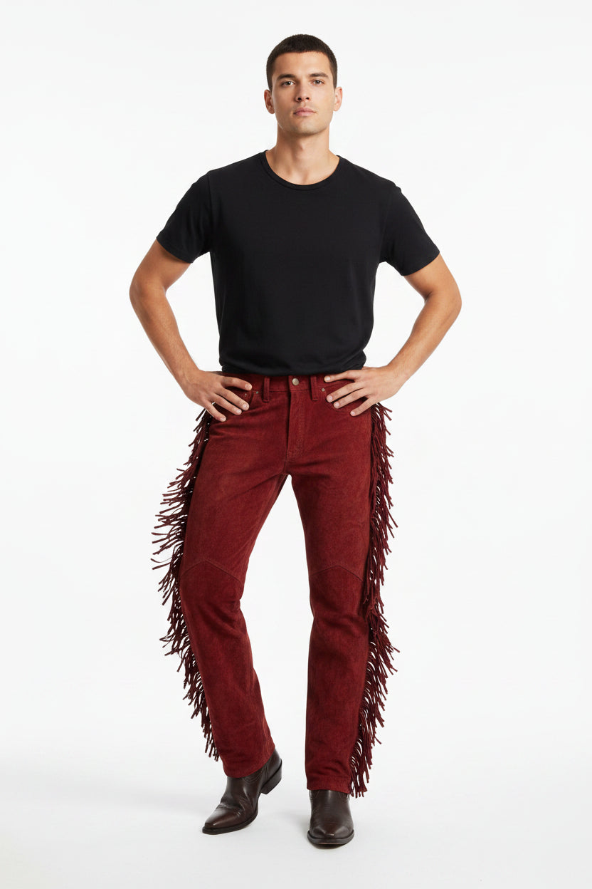 Men_s_Western_Fringe_Leather_Pants_in_red_suede
