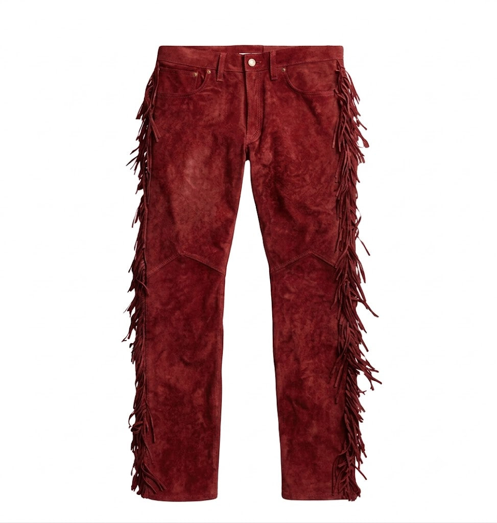 Red suede pants with fringe wrangler style details on a white background